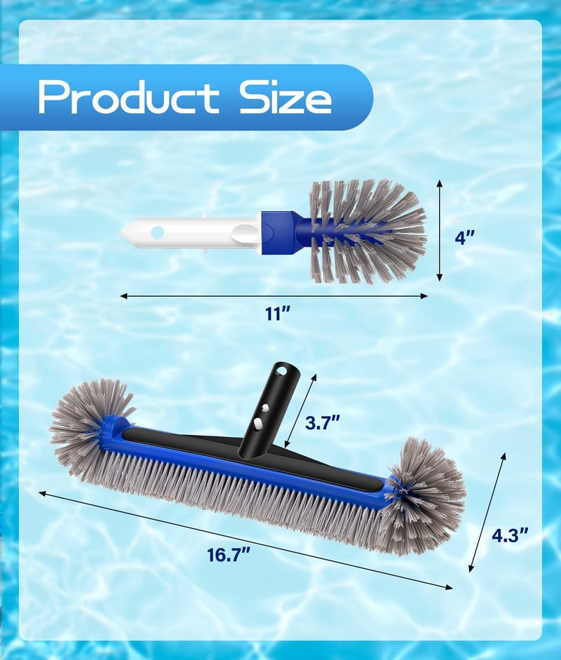 PAHTTO 16.7'' Swimming Pool Brush Head with Round Ends, EZ Clip Aluminum Handle, Heavy Duty Pool Brushes for Clean Swimming Pools Faster, Extra Corner Brush Head for Clean Pool Steps & Corners - Image 2